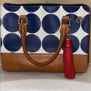 Brahmin Navy and Tan Satchel with Red Accent
